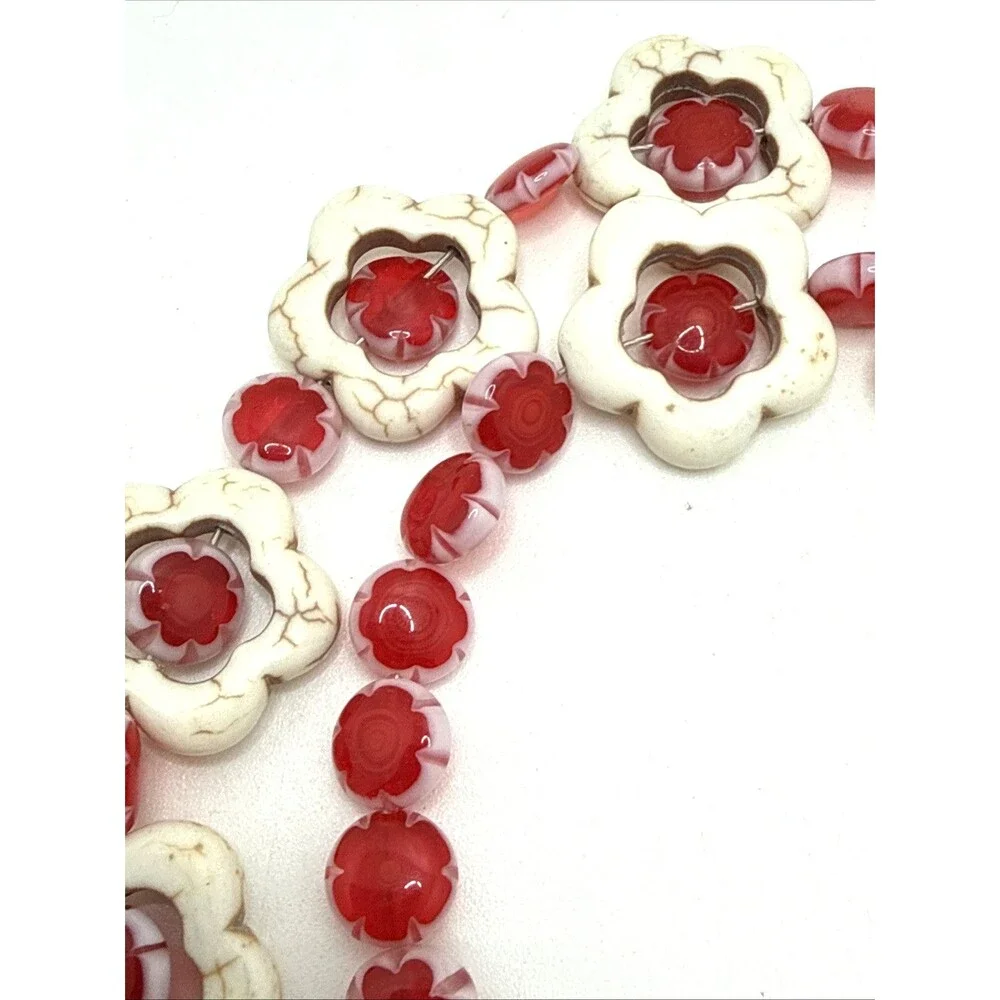 Vintage Millefiori Glass Bead & Howlite Necklace Red White Floral Statement 17.5
